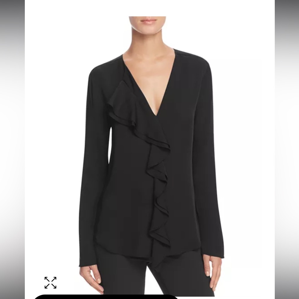 Theory Black Ruffled V-Neck Long Sleeve Blouse